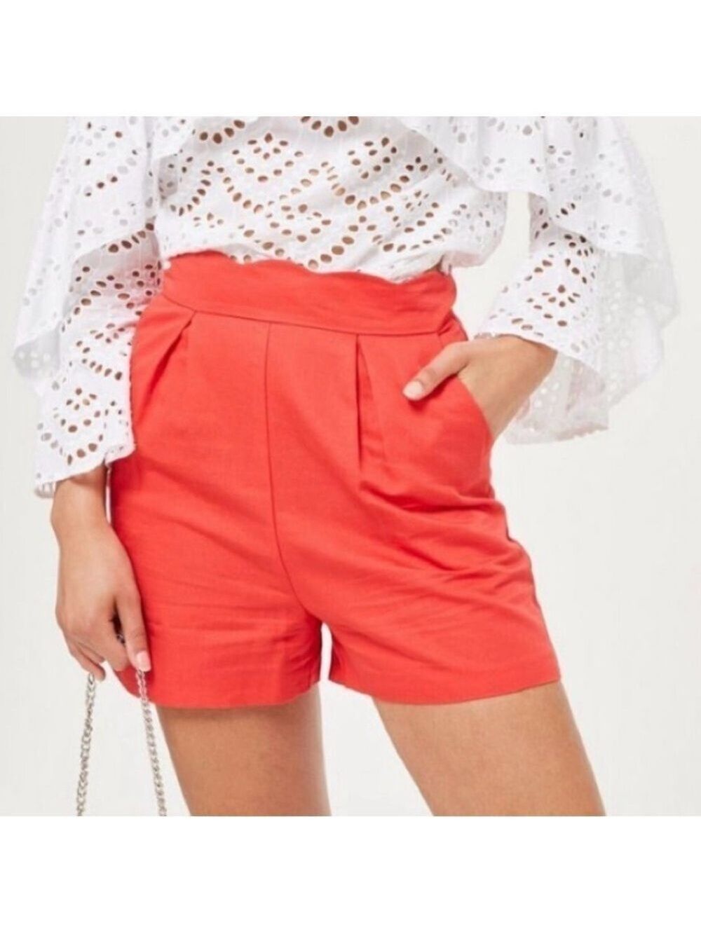 Topshop Women’s Red Highrise Pleated Scalloped Linen Shorts Size: 4 NWOT